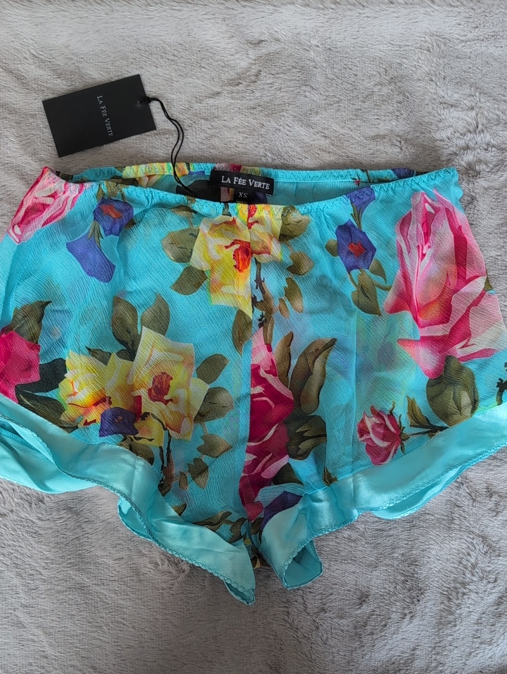 Silk Turquoise Floral Satin-Trim Sleep Shorts